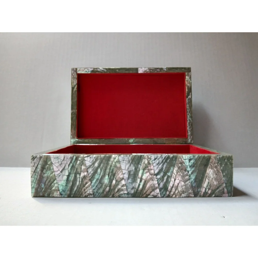 Vintage Iridescent Crackled Abalone‎ Mosaic Humpback Jewelry Box w/red Interior